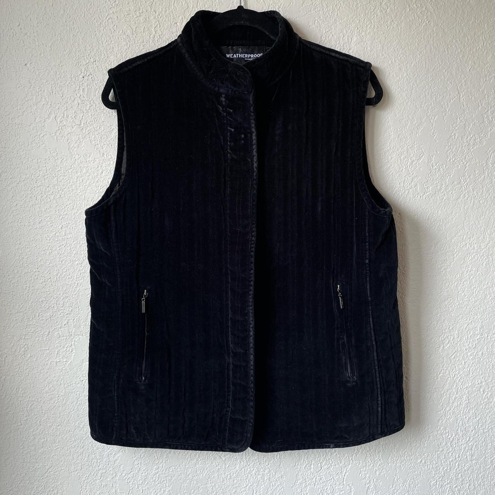 Weatherproof Black Velvet Quilted Vest Zipper Snap Pockets Large